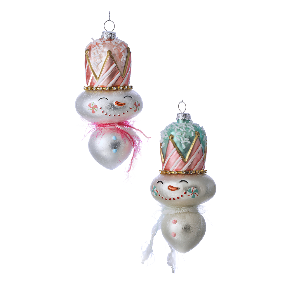 Viv! Christmas Kerstornament - Sneeuwpop met Taart Hoed - set van 2 - glas - pastel - 15cm
