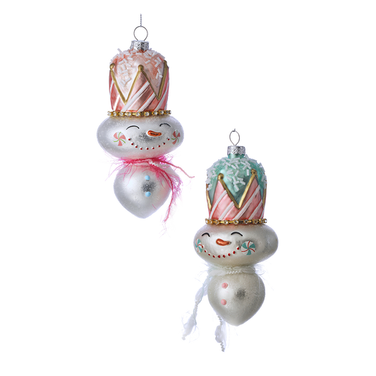 Viv! Christmas Kerstornament - Sneeuwpop met Taart Hoed - set van 2 - glas - pastel - 15cm