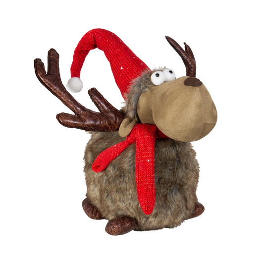 Viv! Christmas Kerstbeeld - Liggend Rendier met Kerstmuts - rood bruin - 45cm