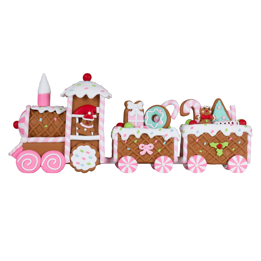 Viv! Christmas Kerstbeeld - Gingerbread Trein - pastel - roze - 33cm