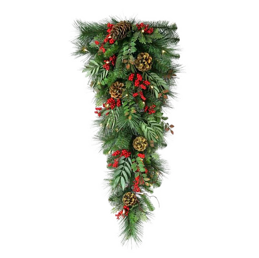 Viv! Christmas Kunst Teardrop Kerstkrans - Gemengde Dennentakken met Rode Bessen en Dennenappels - groen - 81cm