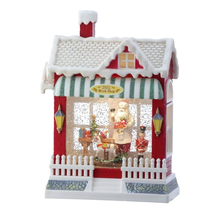 Viv! Christmas Kerst Sneeuwbol incl. LED - 'Santa's Workshop ' Notenkraker Winkel - automatisch - bruin rood wit - 25cm