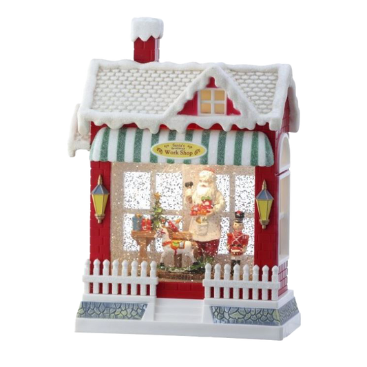 Viv! Christmas Kerst Sneeuwbol incl. LED - 'Santa's Workshop ' Notenkraker Winkel - automatisch - bruin rood wit - 25cm