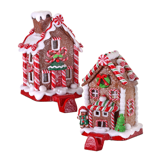 Viv! Christmas Kerstbeeld - Gingerbread Snoephuis van Klei Kerstsok Houder - set van 2 - rood wit bruin - 17cm
