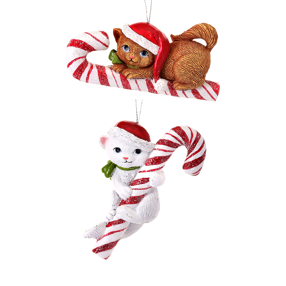 Viv! Christmas Kerstornament - Kittens met Zuurstokken - set van 2 - wit rood - 10cm