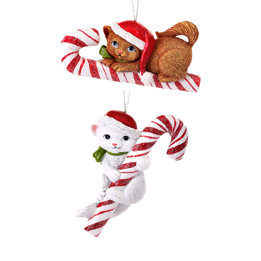 Viv! Christmas Kerstornament - Kittens met Zuurstokken - set van 2 - wit rood - 10cm