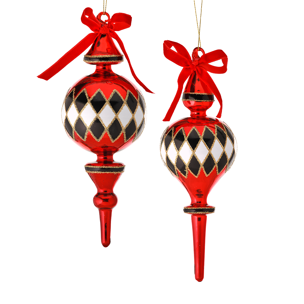 Viv! Christmas Kerstbal - Harlekijn - set van 2 - glas - rood zwart wit - 20 en 23cm