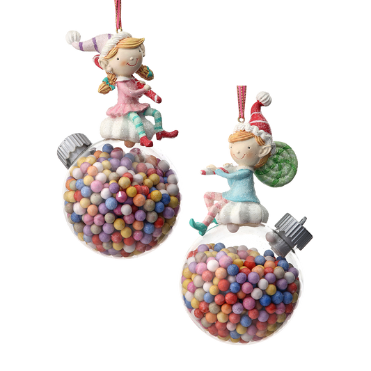 Viv! Christmas Kerstbal - Snoep Elfjes op Kerstbal - set van 2 - pastel - 17cm