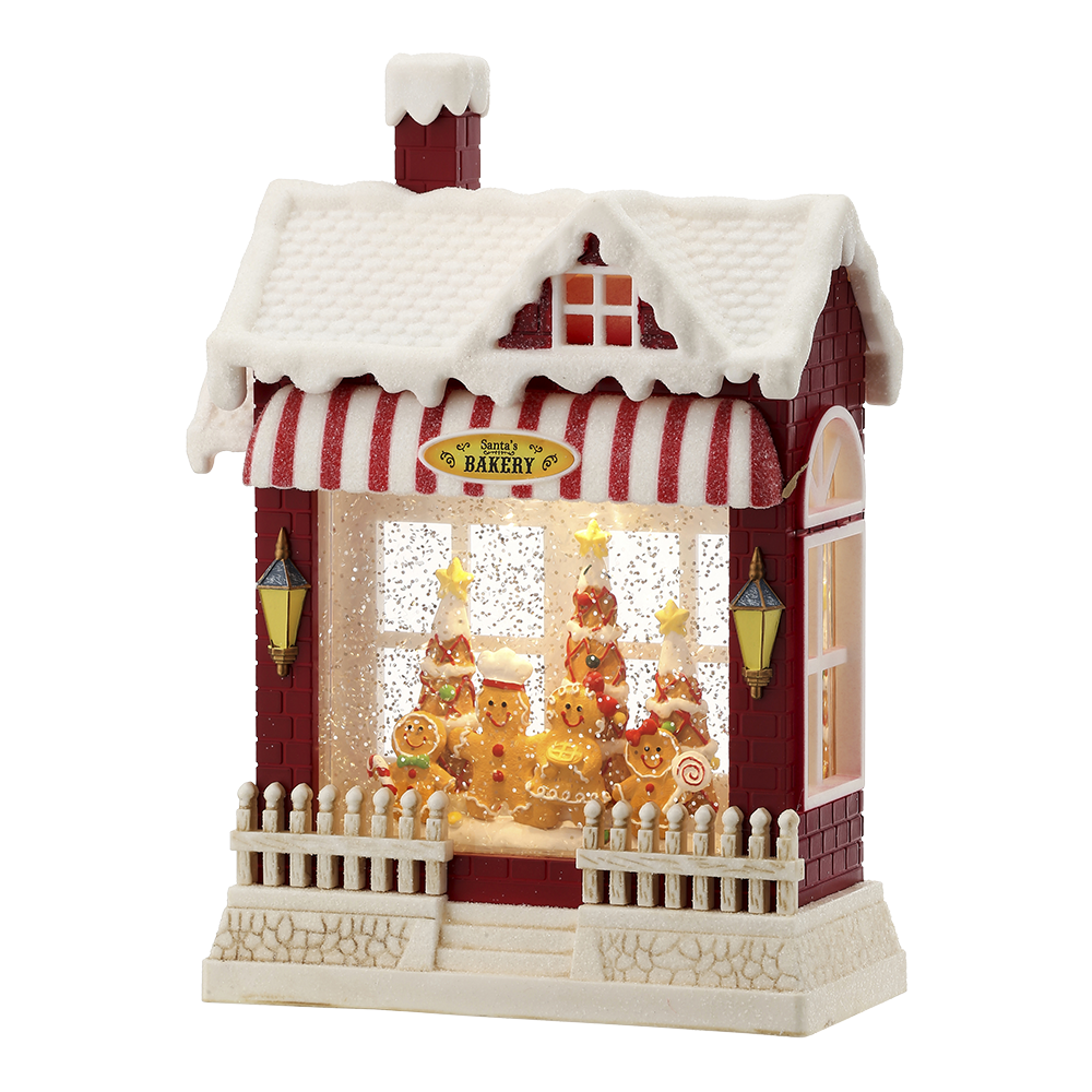 Viv! Christmas Kerst Sneeuwbol incl. LED - 'Santa's Bakery' Gingerbread Winkel - automatisch - rood wit - 25cm