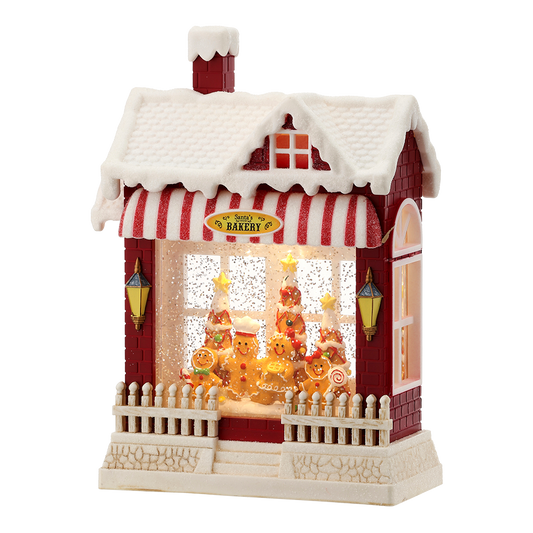 Viv! Christmas Kerst Sneeuwbol incl. LED - 'Santa's Bakery' Gingerbread Winkel - automatisch - rood wit - 25cm