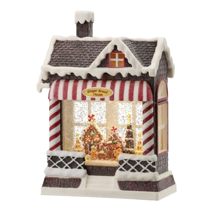 Viv! Christmas Kerst Sneeuwbol incl. LED - 'Ginger Bread House' Snoep Winkel - automatisch - rood wit - 25cm