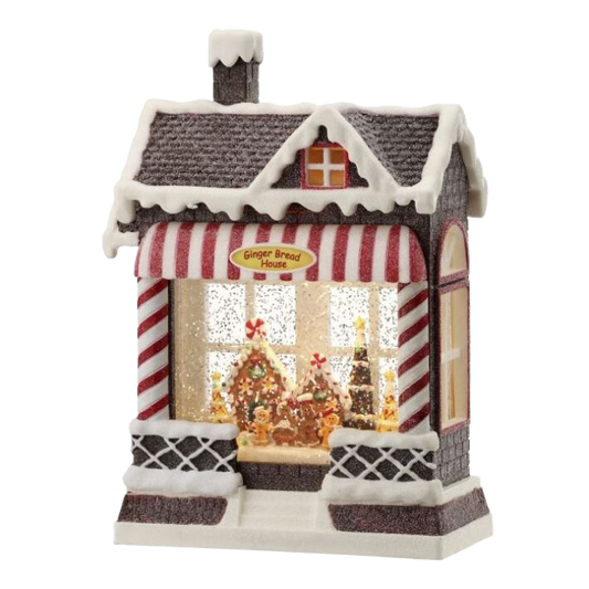 Viv! Christmas Kerst Sneeuwbol incl. LED - 'Ginger Bread House' Snoep Winkel - automatisch - rood wit - 25cm