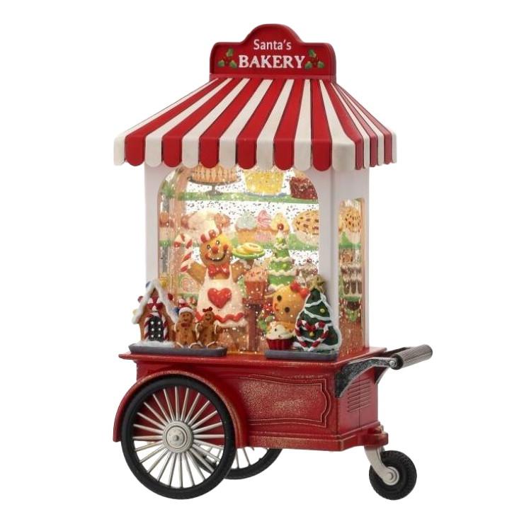 Viv! Christmas Kerst Sneeuwbol incl. LED - 'Santa's Bakery' Gingerbread Snoepkar - automatisch - rood wit - 25cm