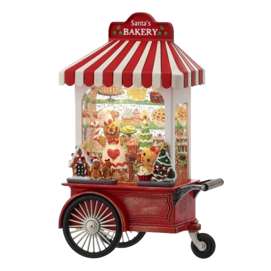 Viv! Christmas Kerst Sneeuwbol incl. LED - 'Santa's Bakery' Gingerbread Snoepkar - automatisch - rood wit - 25cm