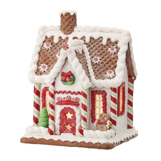 Viv! Christmas Kerstbeeld - Gingerbread Pepermunt Huis van Klei incl. LED Verlichting - rood wit - 20cm