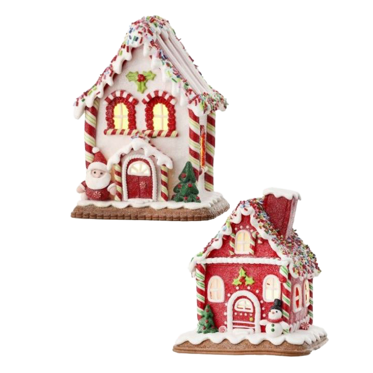 Viv! Christmas Kerstbeeld - Gingerbread Huis van Klei incl. LED Verlichting - set van 2 - rood wit - 18cm