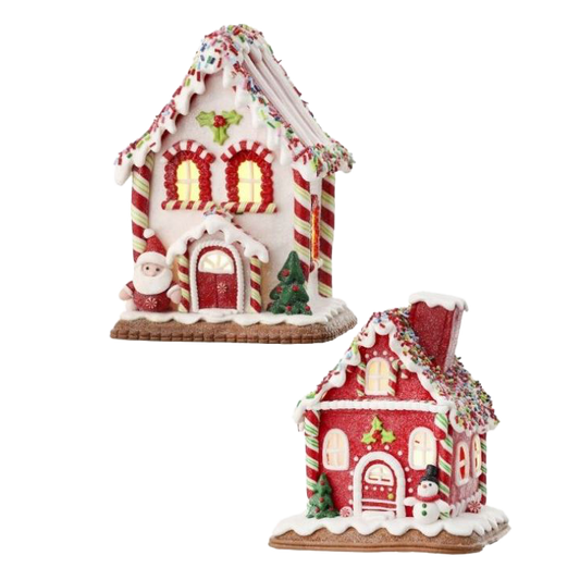 Viv! Christmas Kerstbeeld - Gingerbread Huis van Klei incl. LED Verlichting - set van 2 - rood wit - 18cm