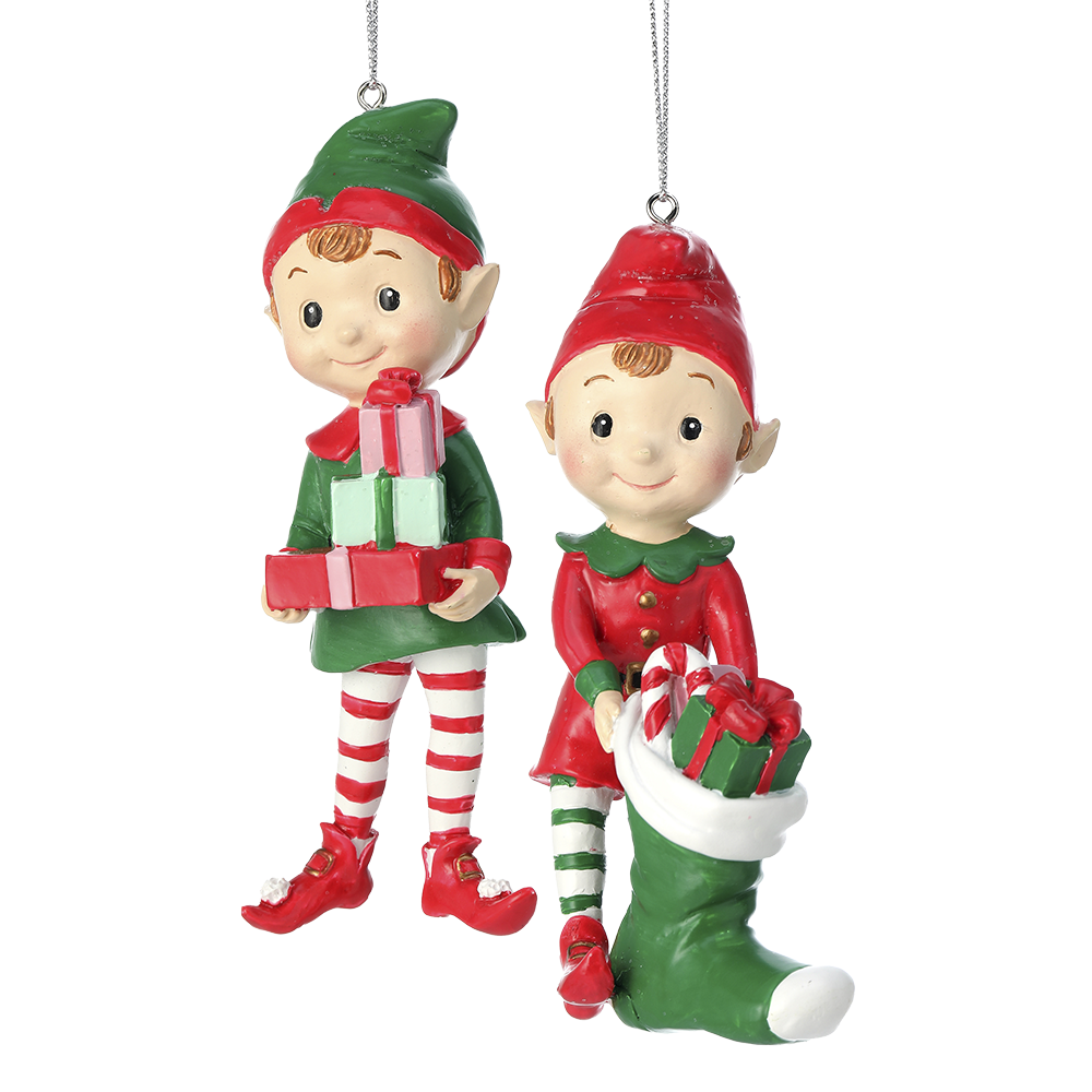 Viv! Christmas Kerstornament - Elfjes met Kerstsok en Cadeautjes - set van 2 - rood wit groen - 13cm