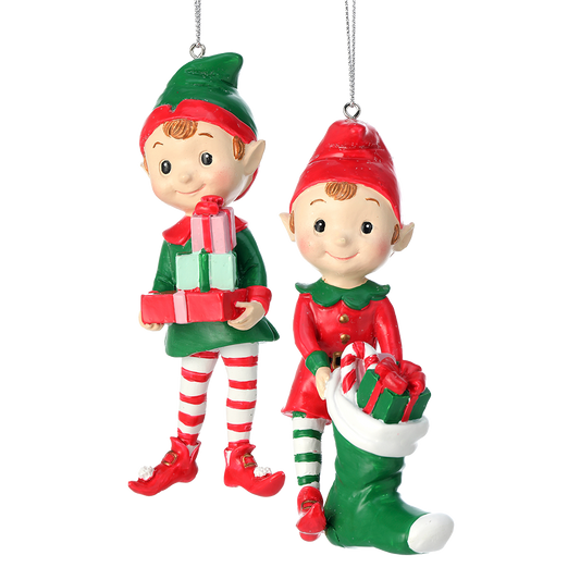 Viv! Christmas Kerstornament - Elfjes met Kerstsok en Cadeautjes - set van 2 - rood wit groen - 13cm