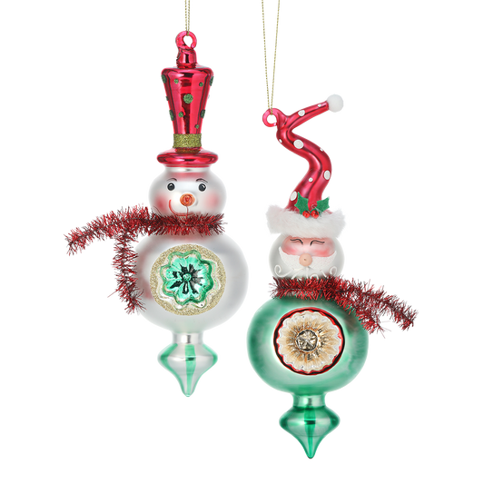 Viv! Christmas Kerstornament - Kerstman en Sneeuwpop Vintage Glas Reflector - set van 2 - glas - rood groen wit - 21,5cm