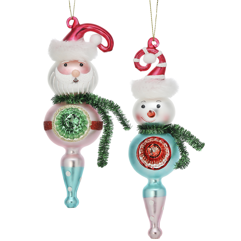 Viv! Christmas Kerstornament - Kerstman en Sneeuwpop Vintage Glas Reflector - set van 2 - glas - blauw roze - 17cm