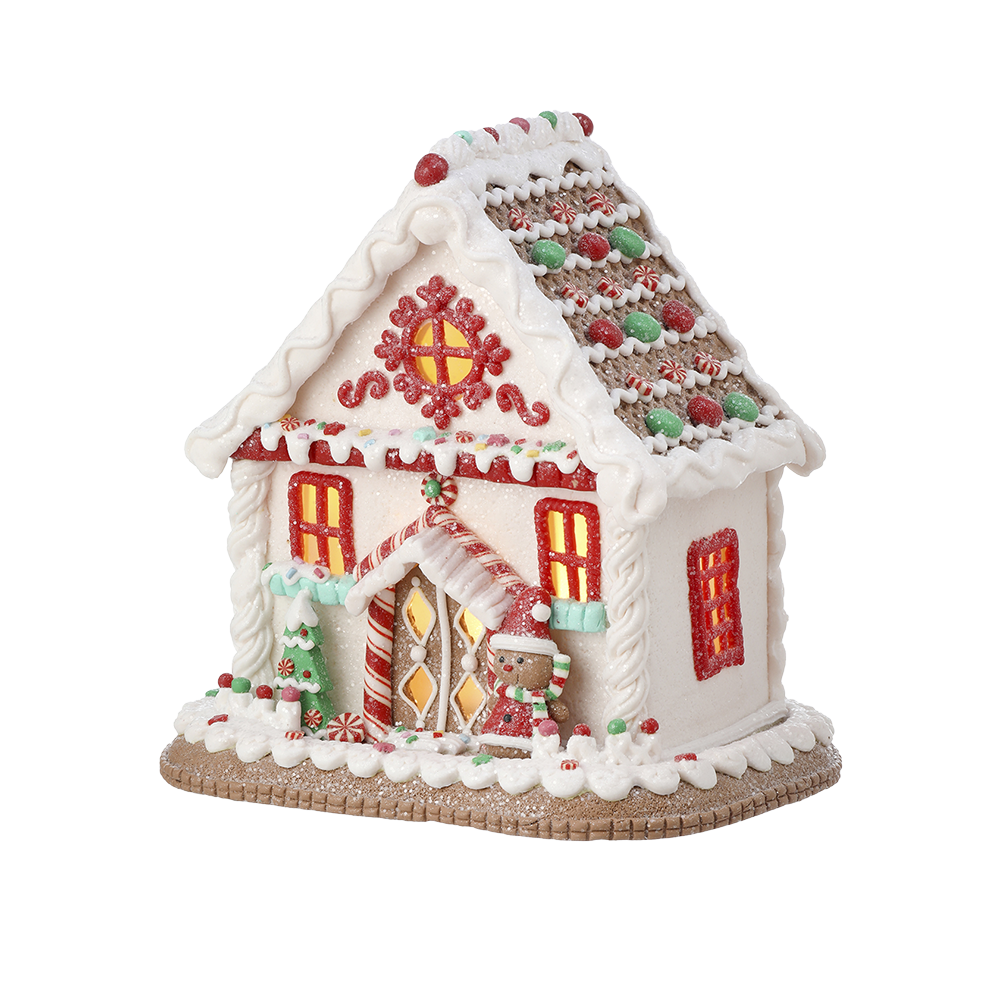 Viv! Christmas Kerstbeeld - Gingerbread Huis van Klei incl. LED Verlichting - wit rood - 22cm