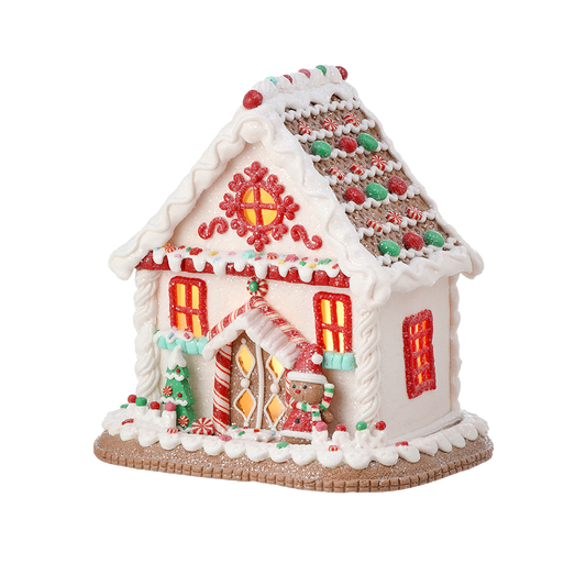 Viv! Christmas Kerstbeeld - Gingerbread Huis van Klei incl. LED Verlichting - wit rood - 22cm