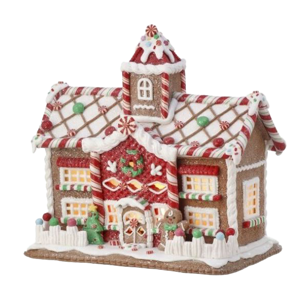 Viv! Christmas Kerstbeeld - Gingerbread Snoep Huis van Klei incl. LED Verlichting - bruin rood wit - 24cm