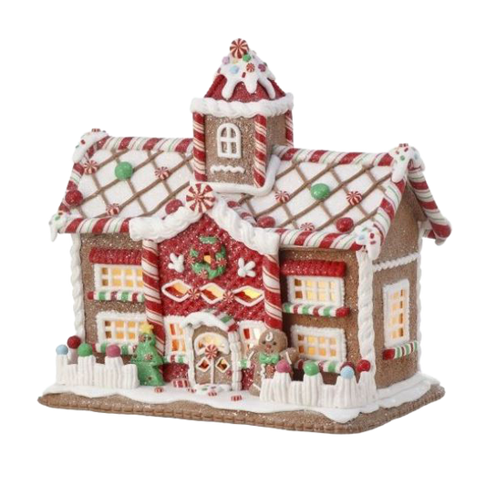 Viv! Christmas Kerstbeeld - Gingerbread Snoep Huis van Klei incl. LED Verlichting - bruin rood wit - 24cm