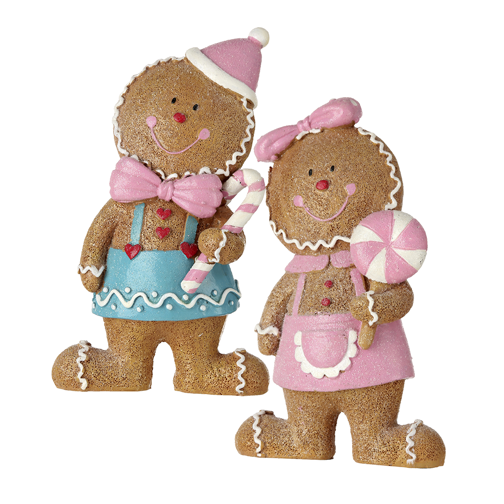 Viv! Christmas Kerstbeeld - Gingerbread Jongen en Meisje met Snoepgoed - set van 2 - pastel - roze blauw - 16.5cm