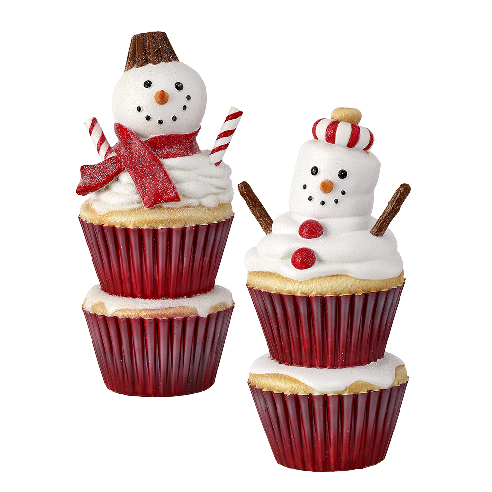 Viv! Christmas Kerstbeeld - Dubbele Cupcake Sneeuwpop - set van 2 - rood wit - 20cm