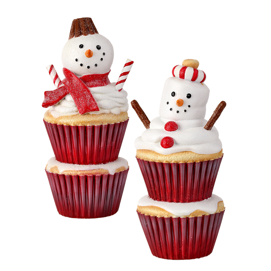 Viv! Christmas Kerstbeeld - Dubbele Cupcake Sneeuwpop - set van 2 - rood wit - 20cm