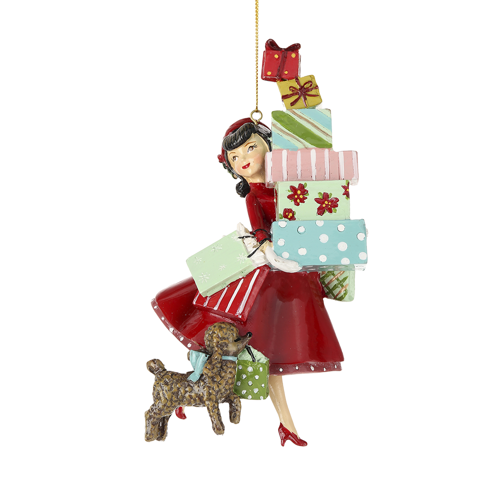 Viv! Christmas Kerstornament - Retro Shopping Girl met Poedel - rood - 18cm