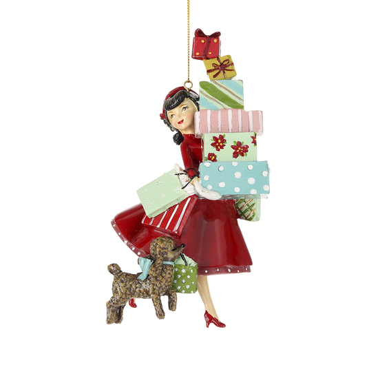 Viv! Christmas Kerstornament - Retro Shopping Girl met Poedel - rood - 18cm