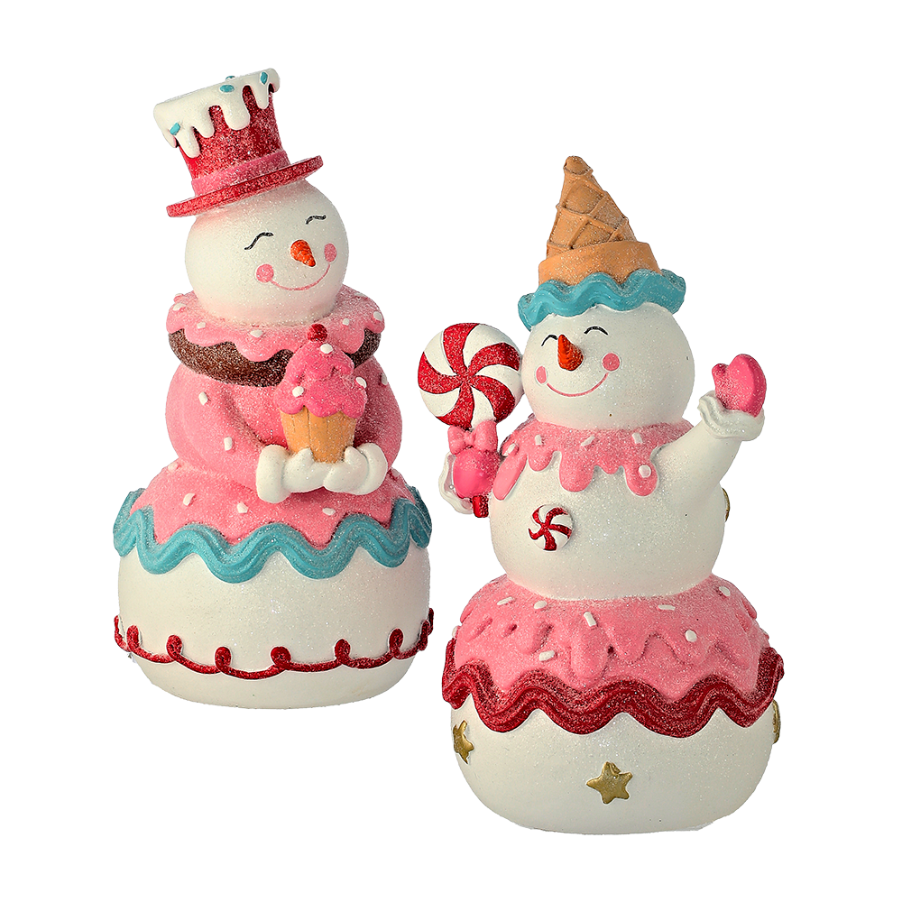 Viv! Christmas Kerstbeeld - Snoepgoed Sneeuwpop - set van 2 - roze wit blauw - 22cm