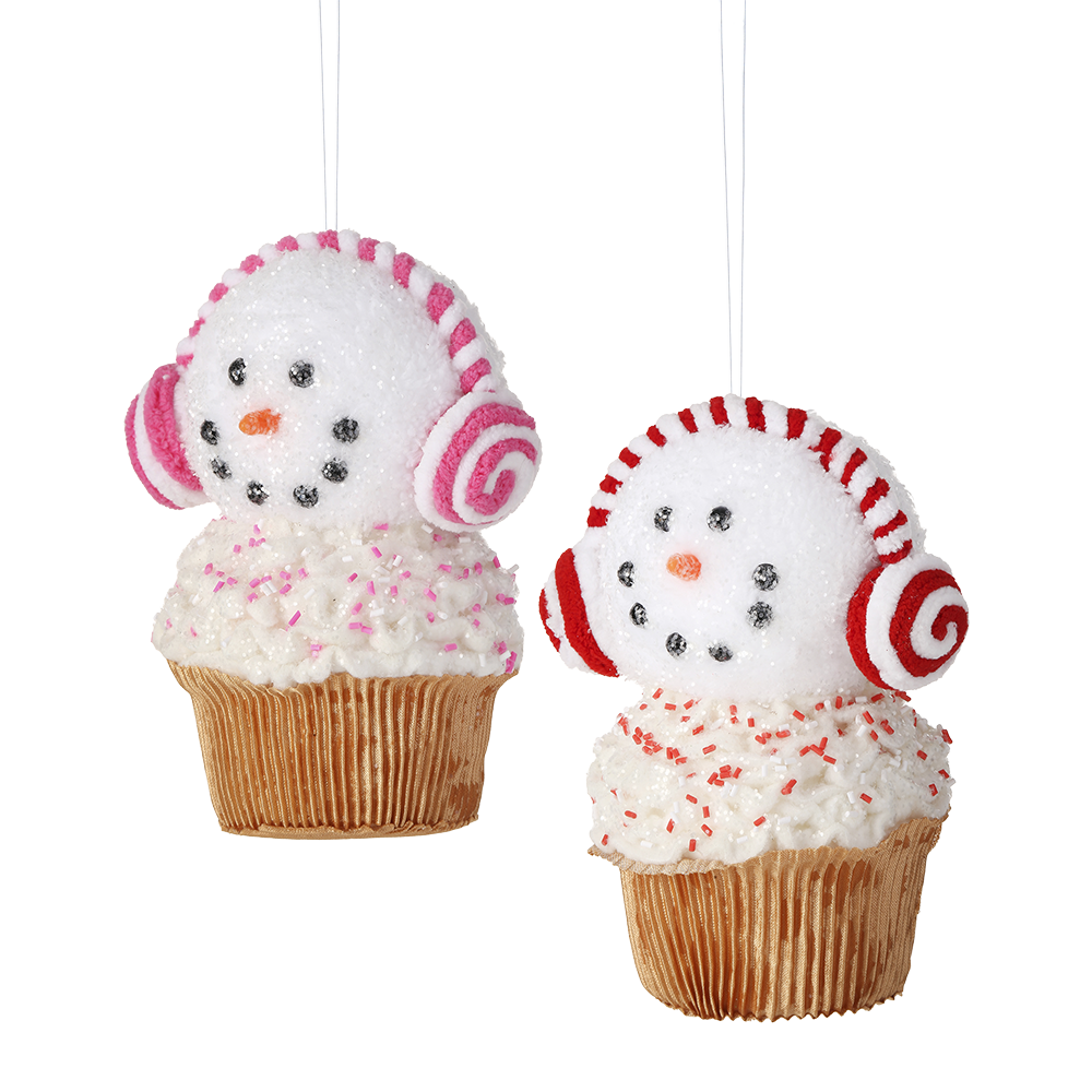 Viv! Christmas Kerstornament - Snoepjes Sneeuwpop Cupcake met Oorwarmers - set van 2 - rood roze wit - 18cm