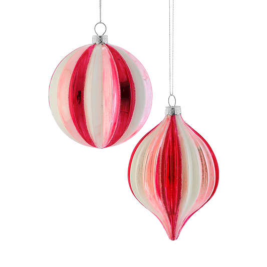 Viv! Christmas Kerstbal - Geribbelde Strepen - set van 2 - glas - roze rood wit - 10 en 11,5cm