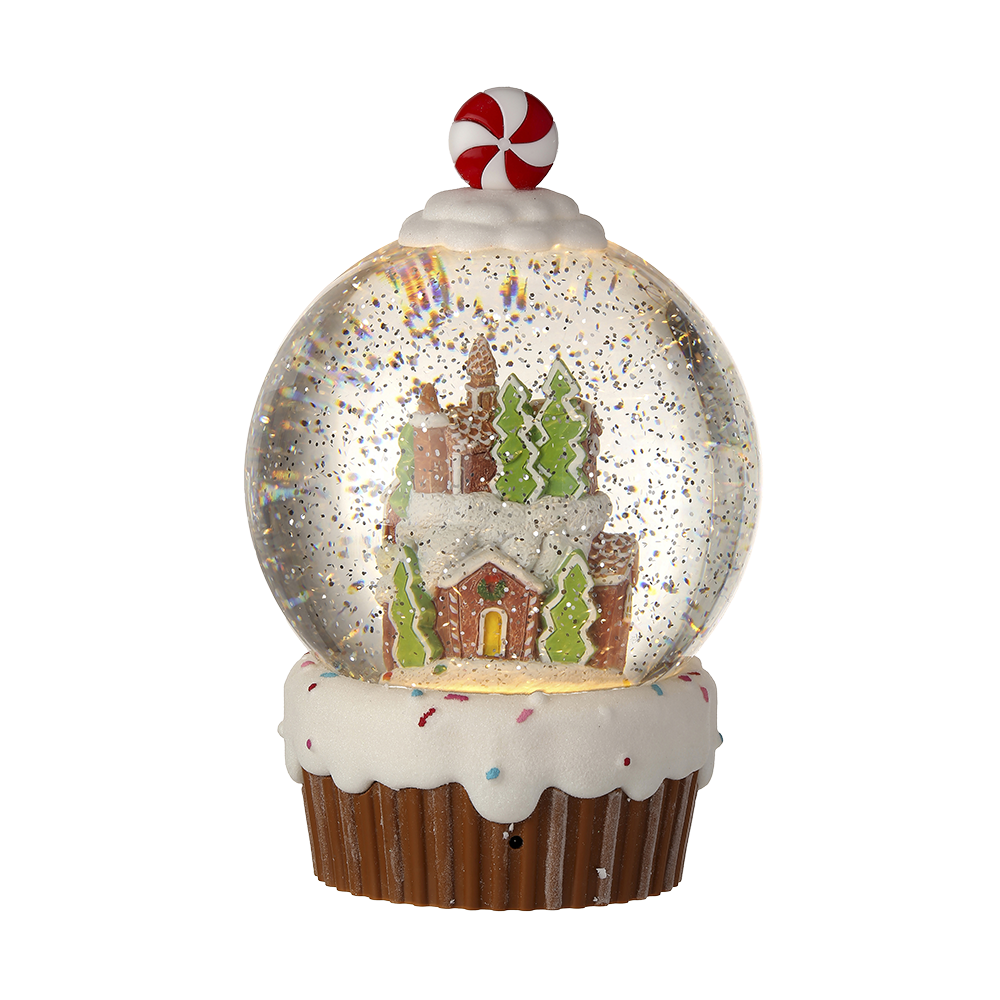 Viv! Christmas Kerst Sneeuwbol incl. LED - Gingerbread Kasteel Cupcake - automatisch - bruin rood wit - 24cm