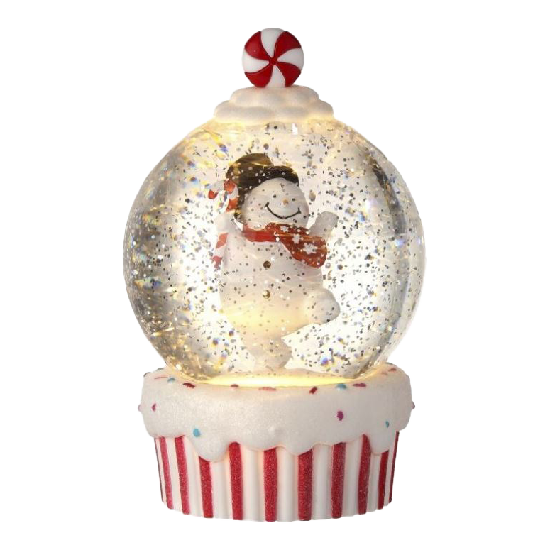 Viv! Christmas Kerst Sneeuwbol incl. LED - Sneeuwpop Cupcake - automatisch - rood wit - 18cm