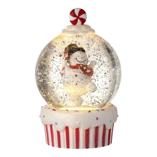 Viv! Christmas Kerst Sneeuwbol incl. LED - Sneeuwpop Cupcake - automatisch - rood wit - 18cm