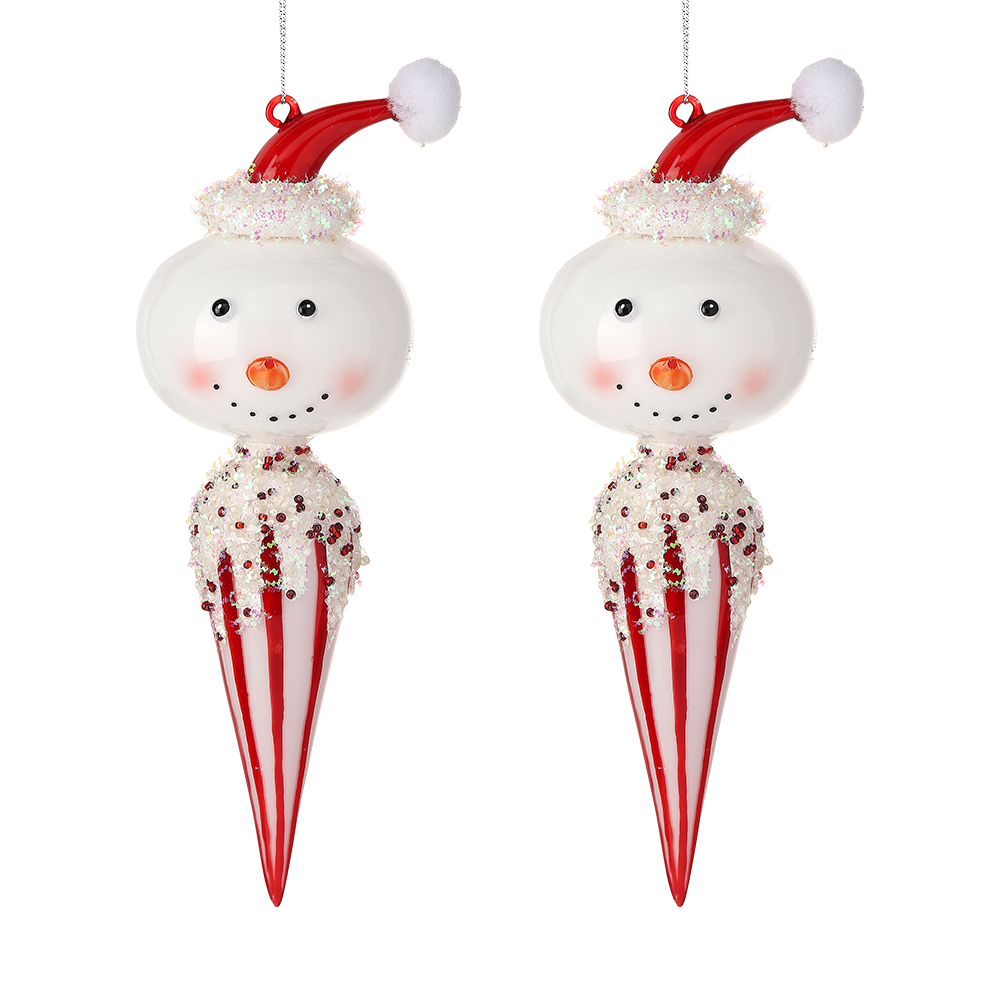 Viv! Christmas Kerstornament - Snoepjes Sneeuwpop - set van 2 - glas - rood wit - 21,5cm