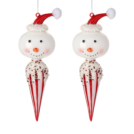 Viv! Christmas Kerstornament - Snoepjes Sneeuwpop - set van 2 - glas - rood wit - 21,5cm