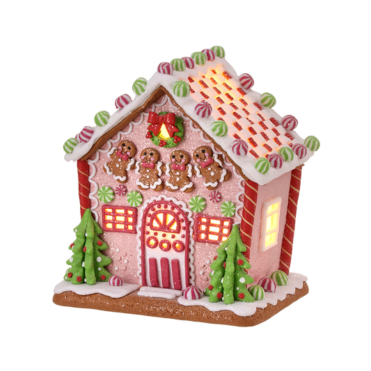 Viv! Christmas Kerstbeeld - Gingerbread Mannetjes Huis van Klei incl. LED Verlichting -  pastel roze - 22cm