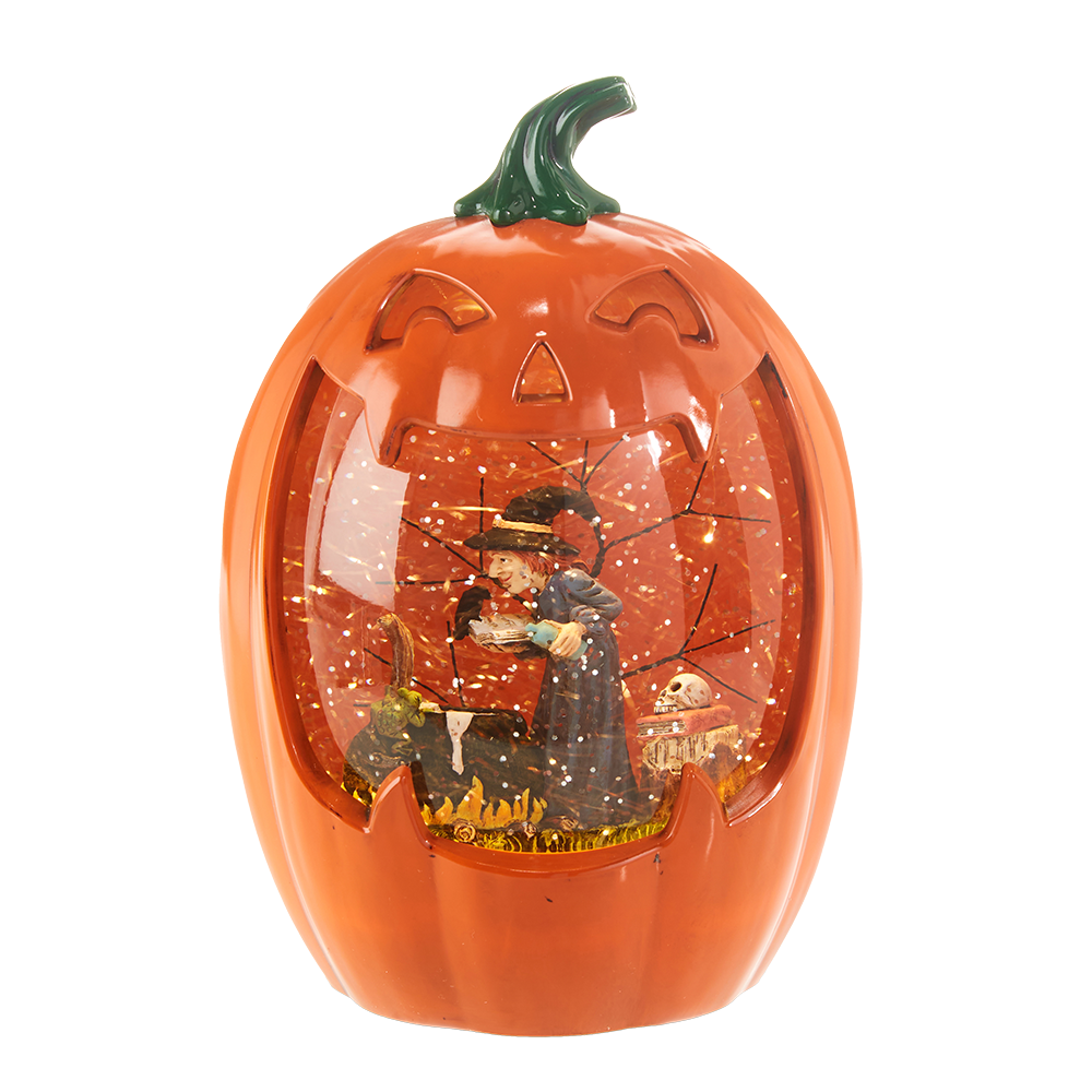 Viv! Christmas Halloween Sneeuwbol incl. LED - Brouwende Heks in Pompoen - automatisch - oranje - 21,5cm