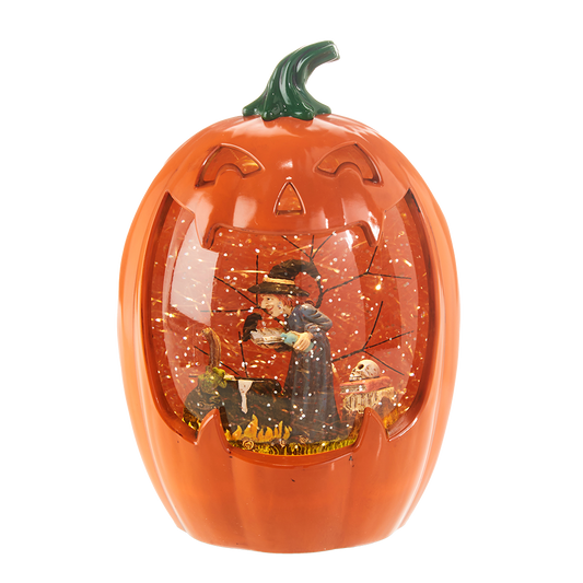 Viv! Christmas Halloween Sneeuwbol incl. LED - Brouwende Heks in Pompoen - automatisch - oranje - 21,5cm