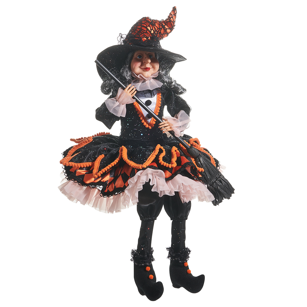 Viv! Christmas Halloween Decoratie Beeld - Heks in Oranje en Zwarte Feestjurk - 51 cm