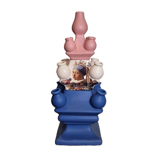 Heinen Delfts Blauw Tulpenvaas - Stapelgekte - 3-laags - Keramiek - blauw wit roze - Meisje met de Parel - 40cm