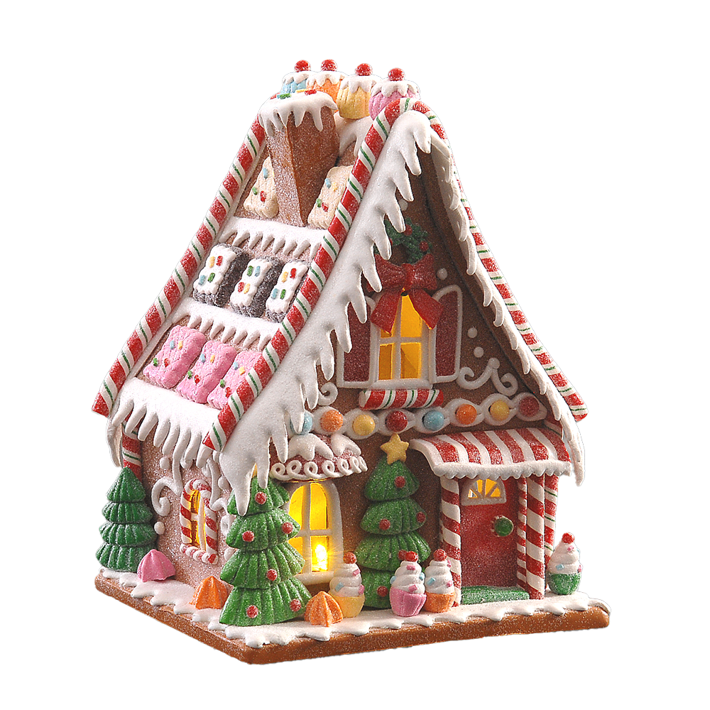 Viv! Christmas Kerstbeeld - Gingerbread Huis vol Snoepgoed en Koekjes incl. LED Verlichting - rood roze bruin - 19cm