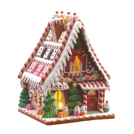 Viv! Christmas Kerstbeeld - Gingerbread Huis vol Snoepgoed en Koekjes incl. LED Verlichting - rood roze bruin - 19cm