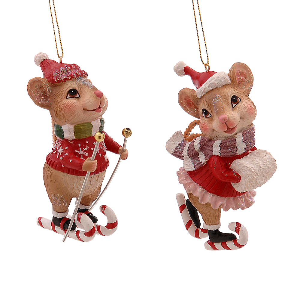 Viv! Christmas Kerstornament - Skiënde Muizen - set van 2 - rood wit bruin - 9,5cm